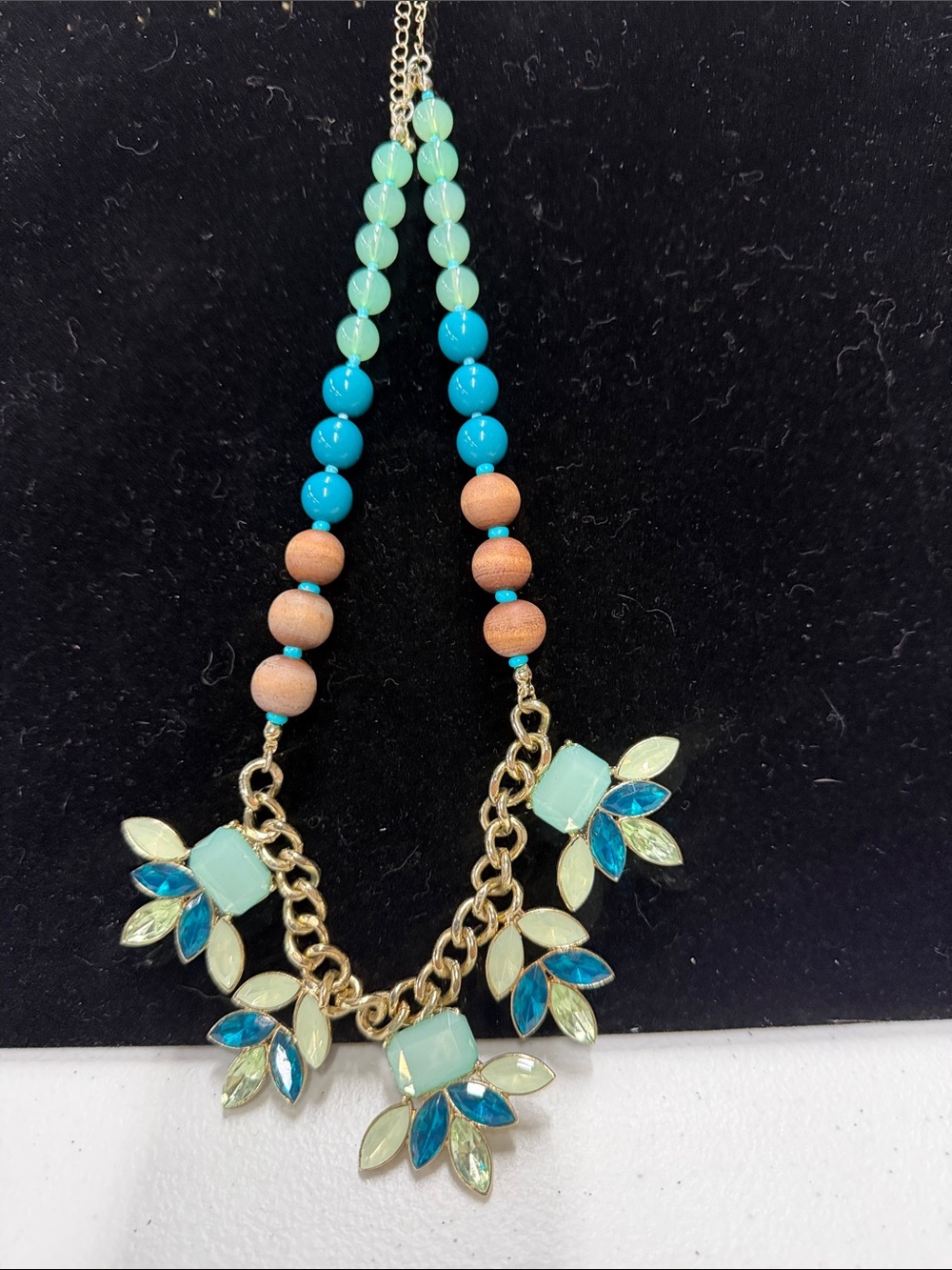 Mint & Turquoise Floral Bib Necklace with Gold Chain Accents